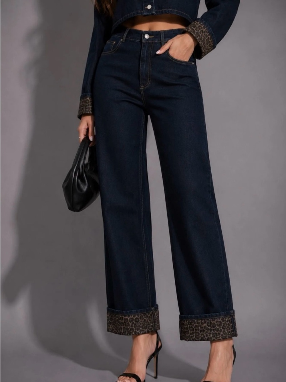 Dark Blue Wide-Leg Women's Jeans with Leopard Cuff